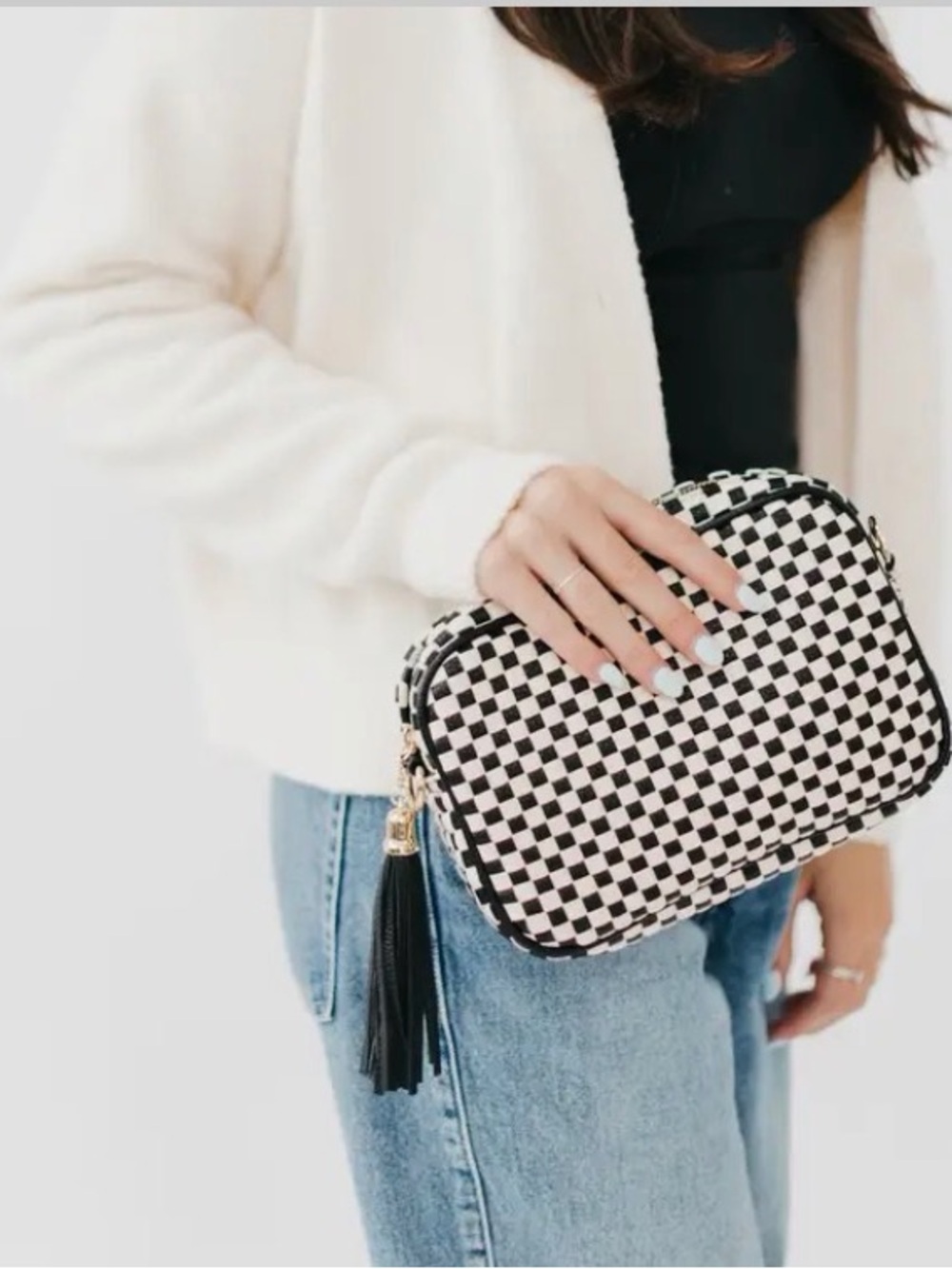 Camera Crossbody Checkerboard Bag with Tassel - Black & White